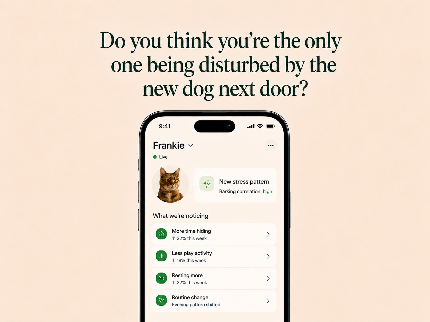 FrankieVerse app concept showing a new stress pattern with high barking correlation.