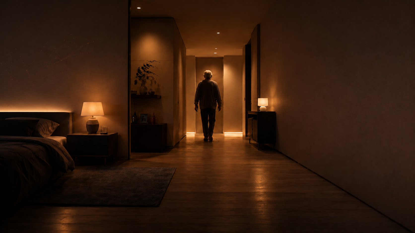 An older man walks toward a softly lit doorway at night while his home gently illuminates the path.